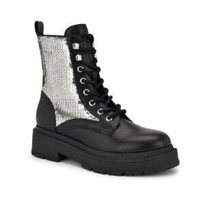 Nine West Hediy Womens Combat Boots Black Synthetic & Silver Sequin Size 8 NEW